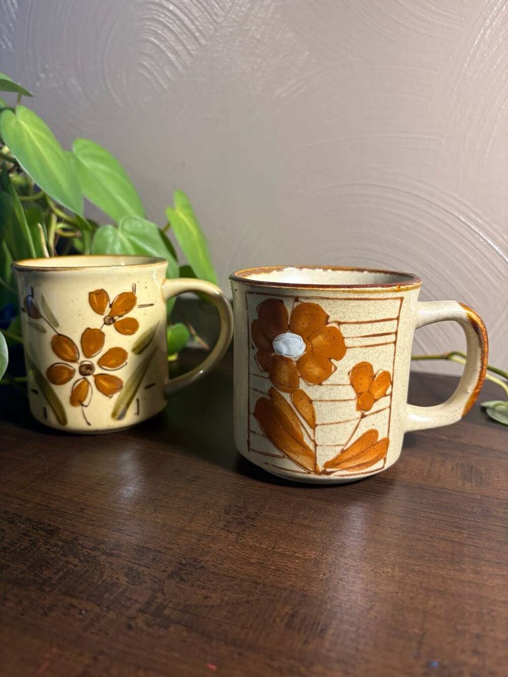 Vintage 1970s Floral Stoneware Coffee Mug Set, Two Tan Ceramic Mugs